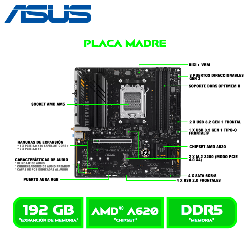 PLACA ASUS TUF GAMING A620M-PLUS / WIFI / AM5 / DDR5 / HDMI-DP-USB 3.2-M.2-SATA 6 Gbps
