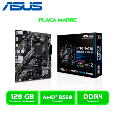 PLACA ASUS PRIME B550M-K ARGB AM4, AMD DDR4 HDMI DP M.2 SATA 6GB USB 3.2 M-ATX