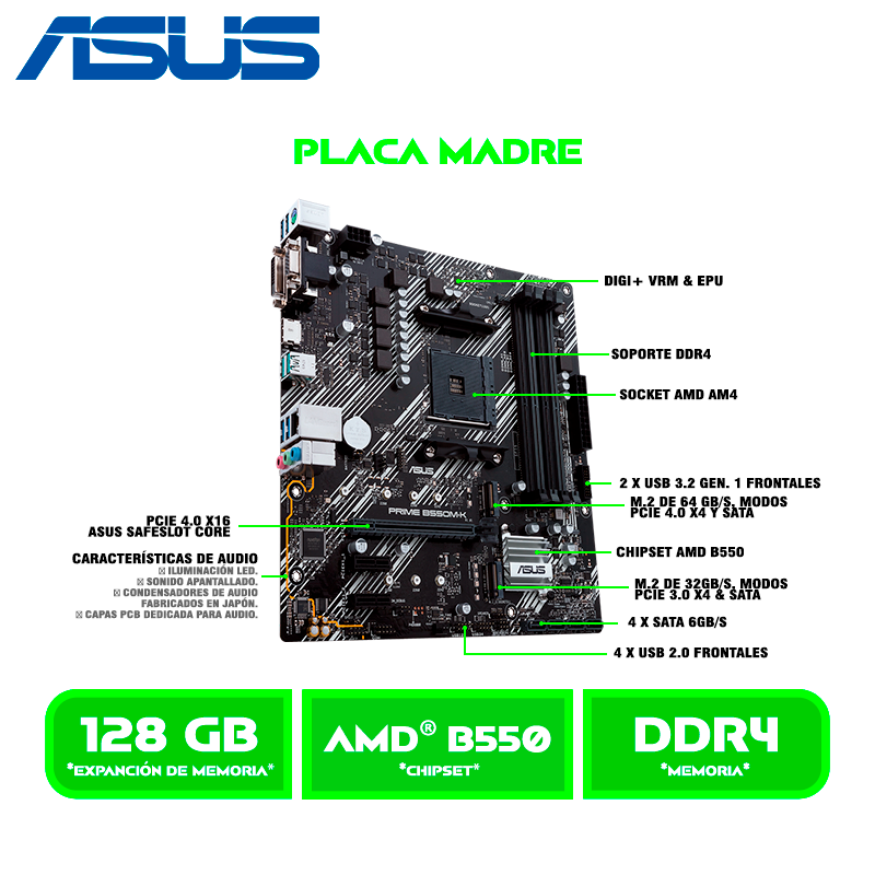 PLACA ASUS PRIME B550M-K ARGB AM4, AMD DDR4 HDMI DP M.2 SATA 6GB USB 3.2 M-ATX