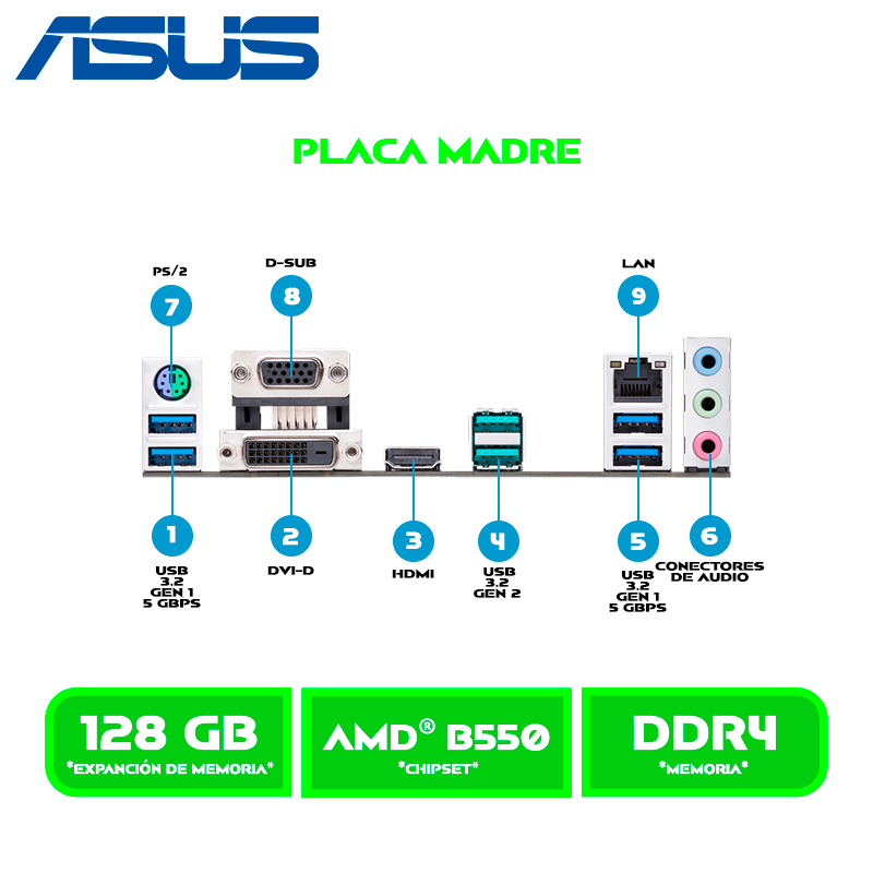PLACA ASUS PRIME B550M-K ARGB AM4, AMD DDR4 HDMI DP M.2 SATA 6GB USB 3.2 M-ATX