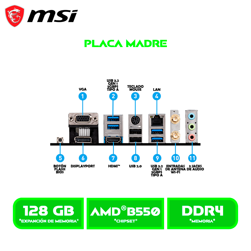 PLACA MSI B550M PRO-VDH / WIFI / AMD AM4 / DDR4-M.2-BLUETOOTH 4.2-USB 3.2-SATA 6GB-VGA-HDMI