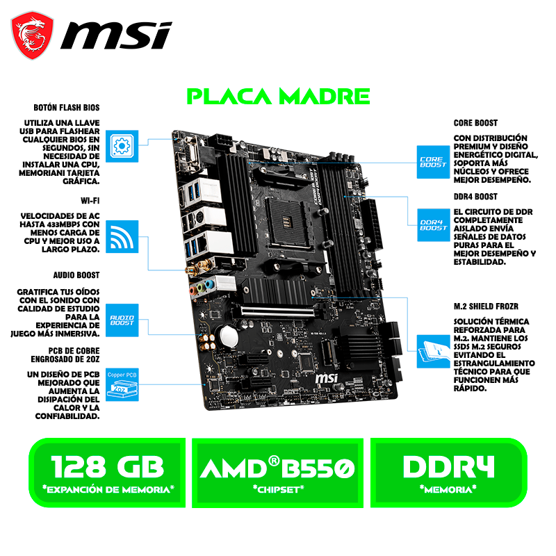 PLACA MSI B550M PRO-VDH / WIFI / AMD AM4 / DDR4-M.2-BLUETOOTH 4.2-USB 3.2-SATA 6GB-VGA-HDMI