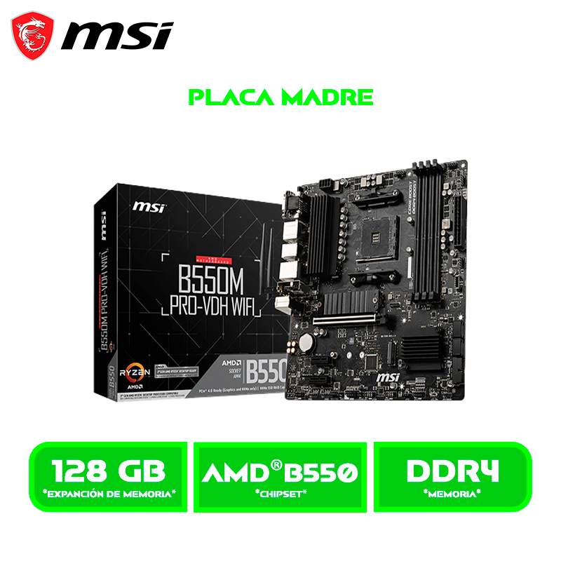 PLACA MSI B550M PRO-VDH / WIFI / AMD AM4 / DDR4-M.2-BLUETOOTH 4.2-USB 3.2-SATA 6GB-VGA-HDMI