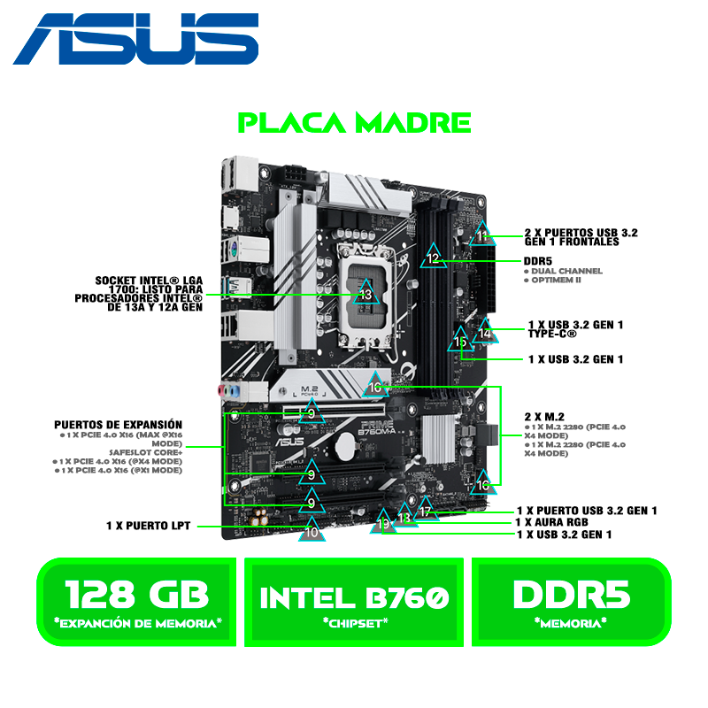 PLACA ASUS B760M-A CSM INTEL B760 LGA1700 DDR5 HDMI DP M.2 USB 3.2 M.ATX