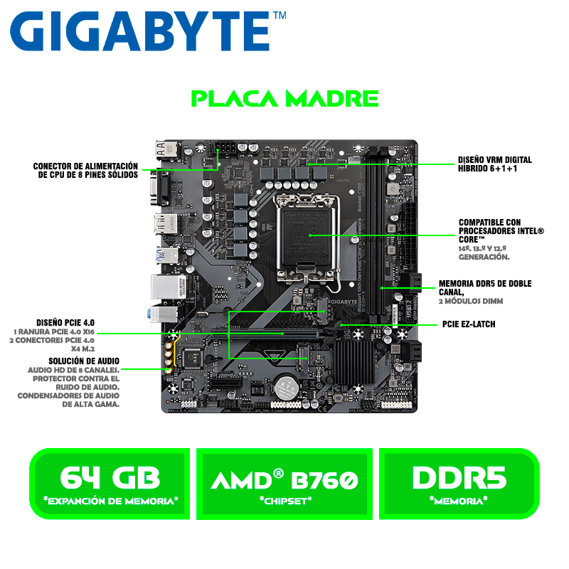 PLACA GIGABYTE B760M E / LGA 1700 / DDR5 / CHIPSET INTEL B760 / HDMI, DP, VGA