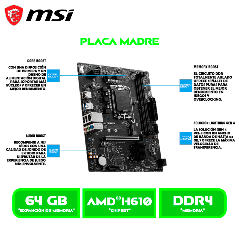 PLACA MSI PRO H610M-S DDR4, Chipset Intel H610, LGA1700, mATX