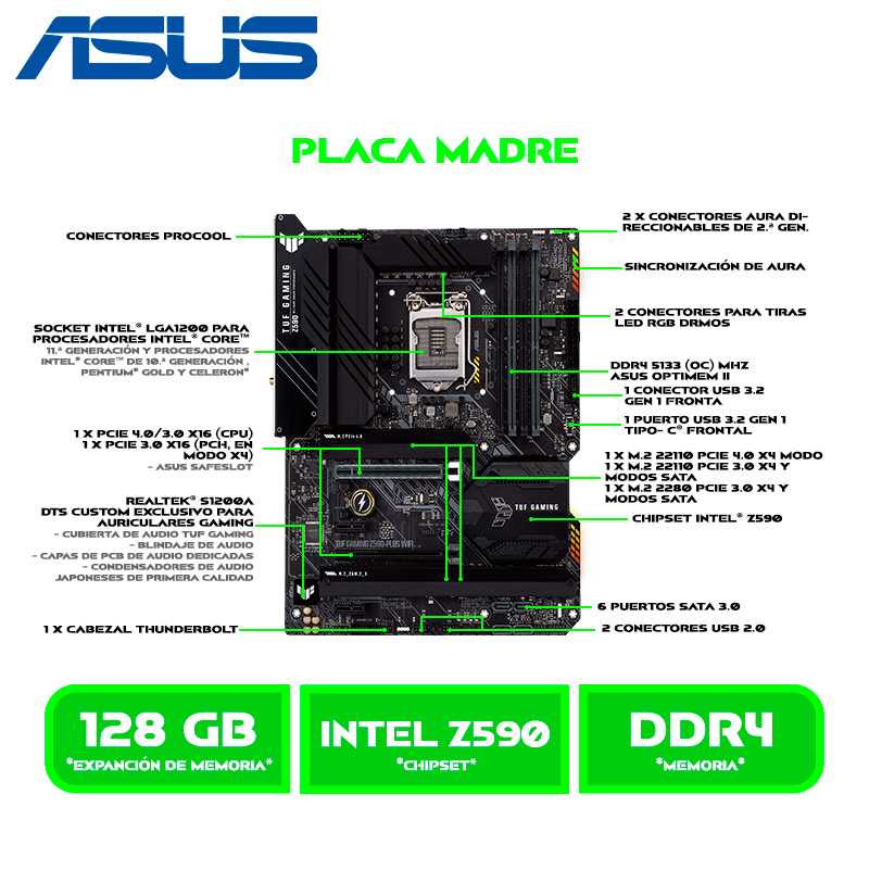 PLACA ASUS TUF GAMING Z590-PLUS WIFI LGA 1200 (TUF GAMING Z590-PLUS WIFI)