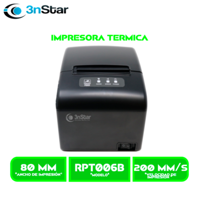 IMPRESORA 3NSTAR TERMICA DIRECTA DE RECIBOS (RPT006B). 80mm INTERFAZ, USB,ETHERNET, BT, CORTADOR, VELOC 260 mm/s