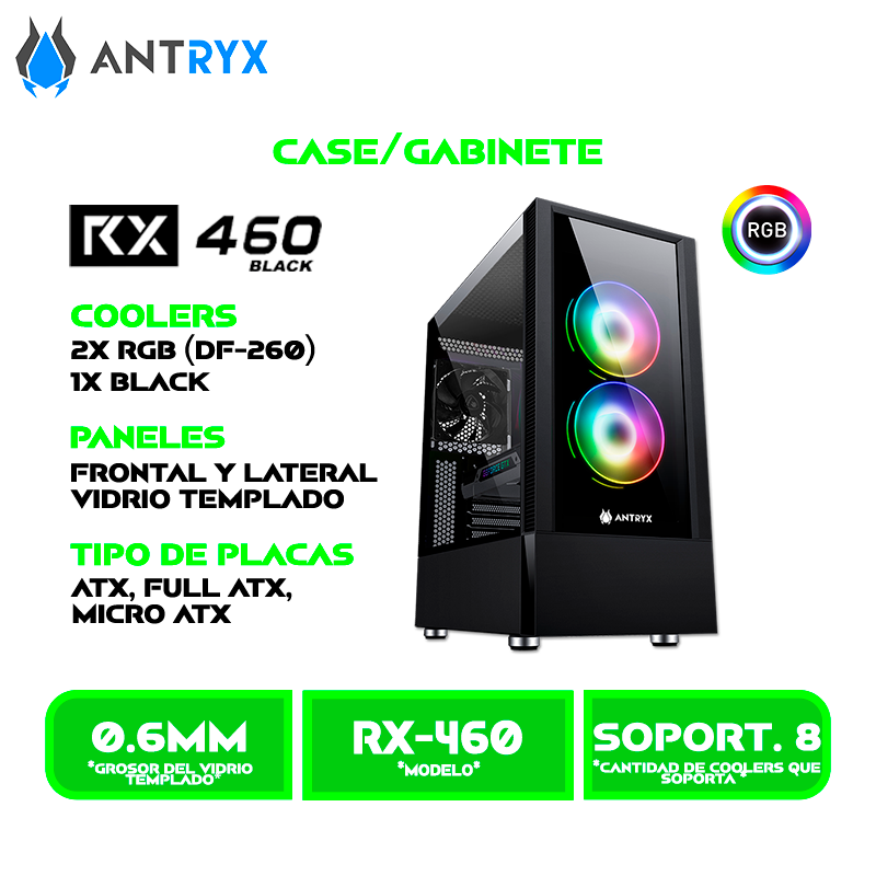 CASE ANTRYX RX 460 BLACK USB 3.0 FAN X3, VIDRIO TEMPLADO (AC-RX460KR1)