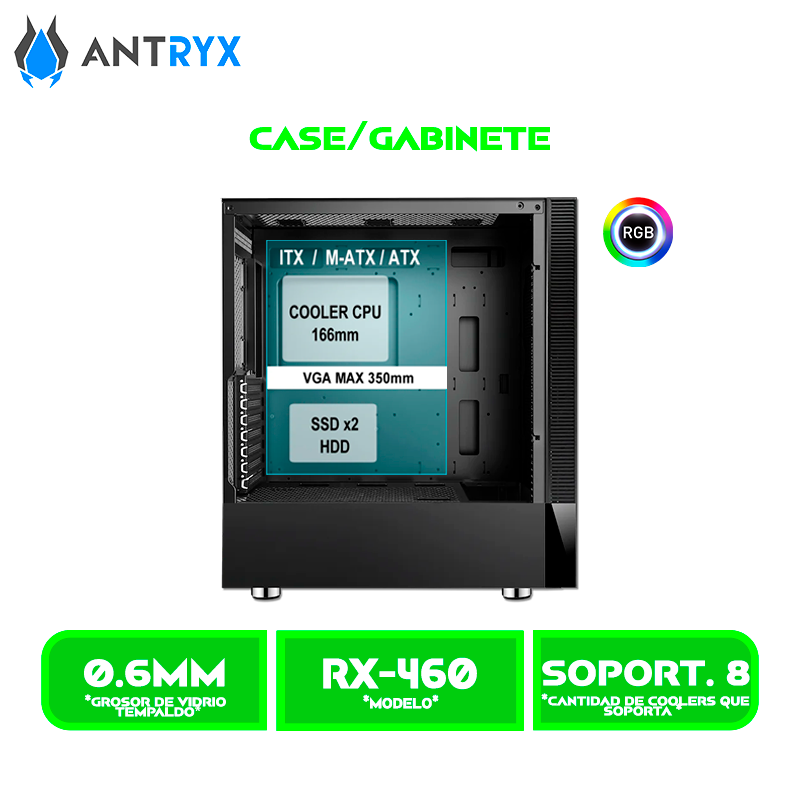 CASE ANTRYX RX 460 BLACK USB 3.0 FAN X3, VIDRIO TEMPLADO (AC-RX460KR1)