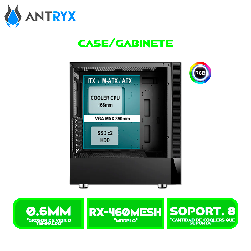 CASE ANTRYX RX 460 MESH BLACK USB 3.0 FAN X3 VIDRIO TEMPLADO (AC-RX460MK)