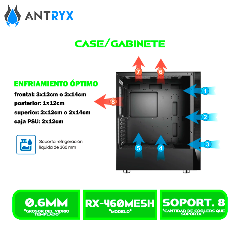 CASE ANTRYX RX 460 MESH WHITE USB 3.0 FAN X3 VIDRIO TEMPLADO (AC-RX460MW)