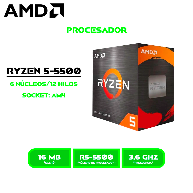 PROCESADOR AMD RYZEN 5 5500 3.60GHZ / 4.20GHZ 16MB /6 NÚCLEOS AM4
