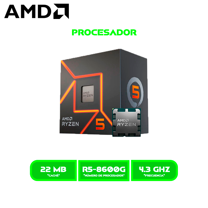 PROCESADOR RYZEN 5 8600G AM5 / 4.3GHZ / 5.0GHZ, 22MB CACHE, 6 NÚCLEOS