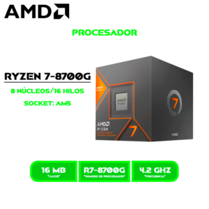 RYZEN 7 1 PROCESADOR AMD RYZEN 7 8700G 4.2GHZ / 5.1GHZ 16MB /(100-100001236BOX) AM5