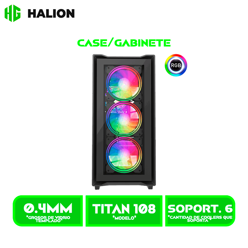 CASE GAMER HALION TITAN 108 VIDRIO TEMPLADO, BACK  4x12ARGB, USB3.0 SIN FUENTE