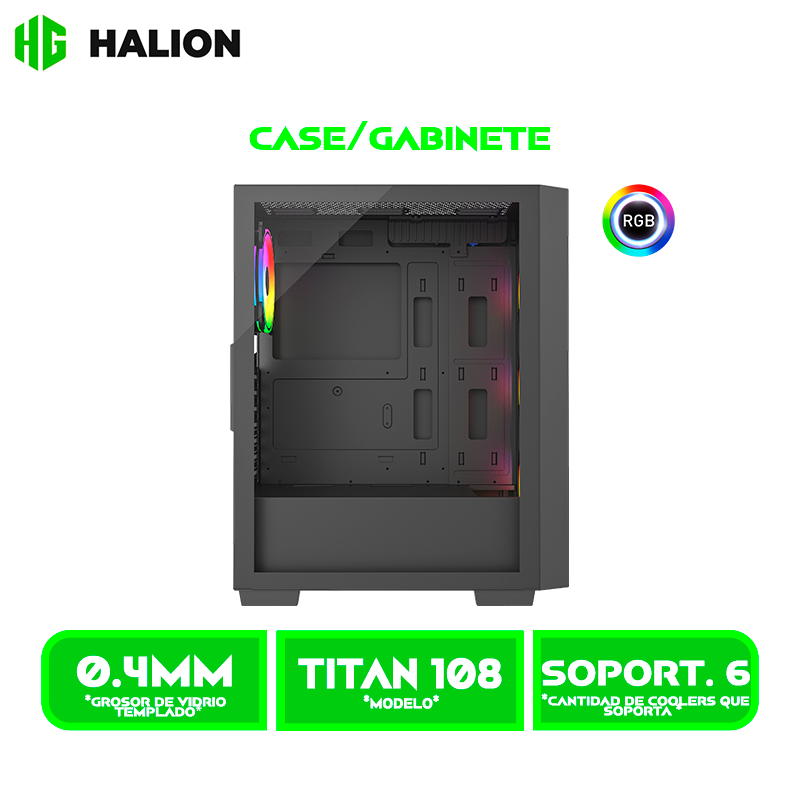 CASE GAMER HALION TITAN 108 VIDRIO TEMPLADO, BACK  4x12ARGB, USB3.0 SIN FUENTE