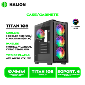 TITAN 108 CASE GAMER HALION TITAN 108 VIDRIO TEMPLADO, BACK 4x12ARGB, USB3.0 SIN FUENTE