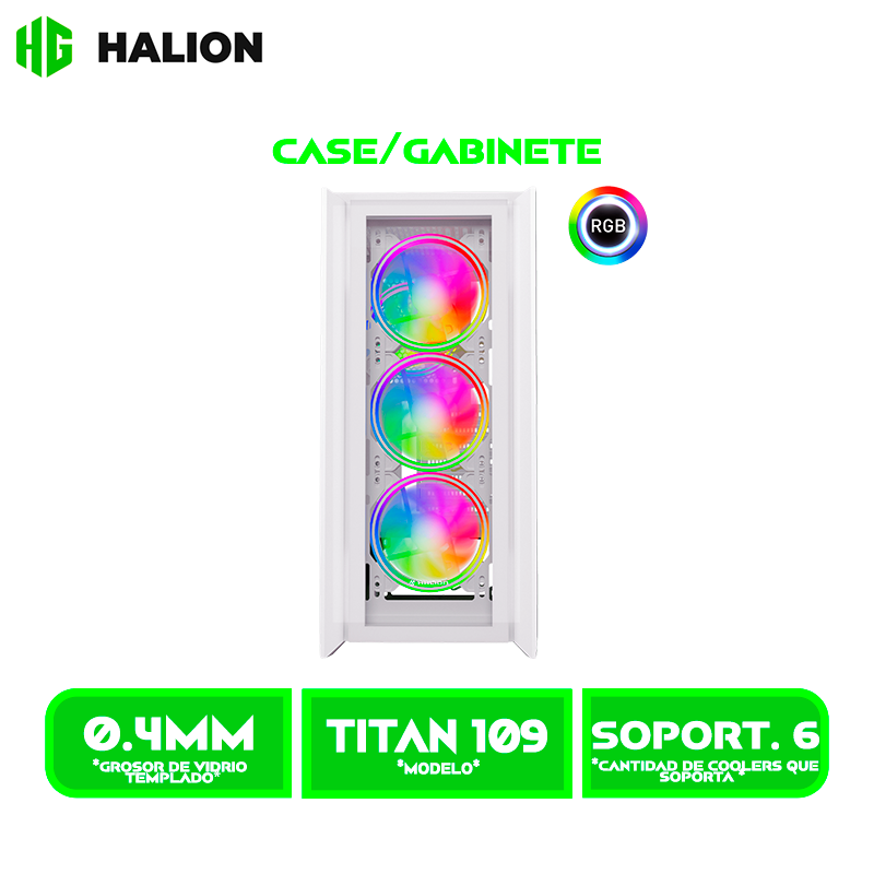 CASE GAMER HALION TITAN 109 VIDRIO TEMPLADO, WHITE 4x12ARGB, USB3.0 SIN FUENTE
