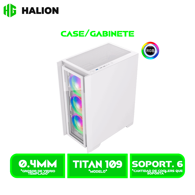 CASE GAMER HALION TITAN 109 VIDRIO TEMPLADO, WHITE 4x12ARGB, USB3.0 SIN FUENTE