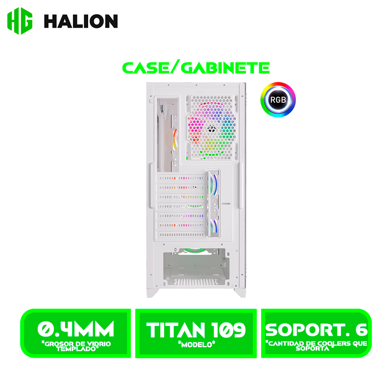 CASE GAMER HALION TITAN 109 VIDRIO TEMPLADO, WHITE 4x12ARGB, USB3.0 SIN FUENTE