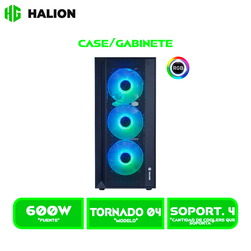 CASE GAMER HALION TORNADO 04BK C/FUENTE 600WATT NEGRO, MALLA, VIDRIO TEMPLADO, 4 FAN, LED- ARG