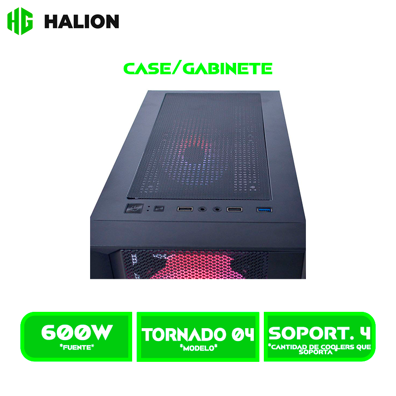 CASE GAMER HALION TORNADO 04BK C/FUENTE 600WATT NEGRO, MALLA, VIDRIO TEMPLADO, 4 FAN, LED- ARG