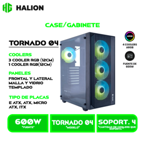 CASE GAMER HALION TORNADO 04BK C/FUENTE 600WATT NEGRO, MALLA, VIDRIO TEMPLADO, 4 FAN, LED- ARG
