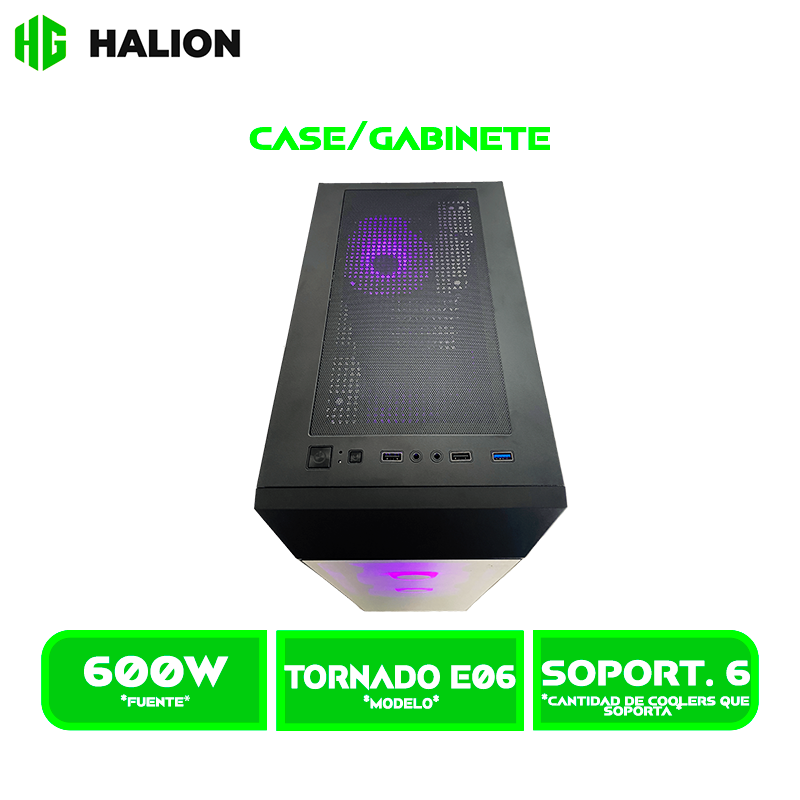 CASE GAMER HALION TORNADO E06 NEGRO, F/600W, ARGB, V/TEMPLADO