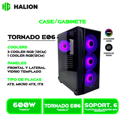 CASE GAMER HALION TORNADO E06 NEGRO, F/600W, ARGB, V/TEMPLADO