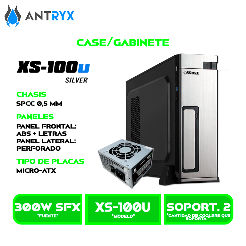 CASE ANTRYX XTREME SLIM XS-100U SILVER MATX USB 3.0 USB C/ FUENTE DE 300W (AC-XS100US-300CPR1)