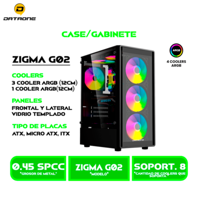 CASE GAMER DATAONE ZIGMA G02 VIDRIO TEMPLADO, S/FUENTE| 4 LED-RGB USB 3.0 BLACK