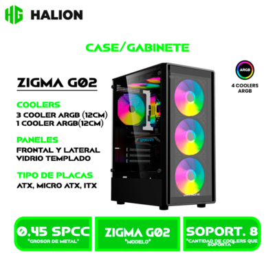 CASE GAMER HALION DATAONE ZIGMA G02 VIDRIO TEMPLADO, S/FUENTE| 4 LED-RGB USB 3.0 BLACK