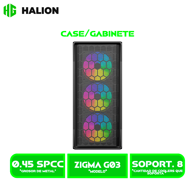 CASE GAMER HALION DATAONE ZIGMA G03 MALLA VIDRIO TEMPLADO, S/FUENTE| 4 LED-RGB USB 3.0 BLACK