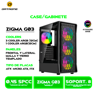 CASE GAMER DATAONE ZIGMA G03 MALLA VIDRIO TEMPLADO, S/FUENTE| 4 LED-RGB USB 3.0 BLACK
