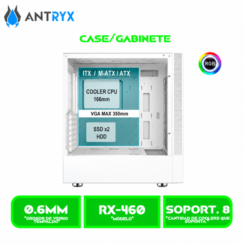 CASE ANTRYX RX 460 WHITE USB 3.0 ARGB FAN X2, VIDRIO TEMPLADO ( AC-RX460W )