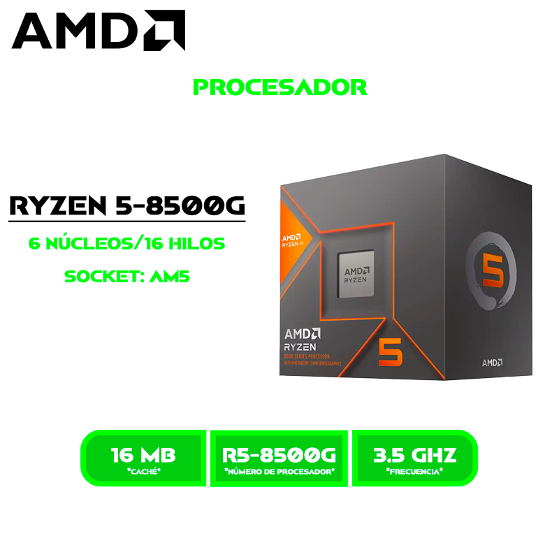 PROCESADOR AMD RYZEN 5 8500G 3.5 GHZ / 5GHZ 16MB / AM5/ 6 NUCLEOS