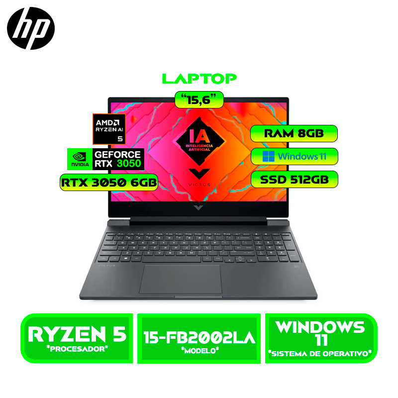 LAPTOP GAMING HP VICTUS 15-FB2002LA, RYZEN 5-8645HS, 8GB DDR5, SSD 512GB, RTX 3050 6GB, P. 15.6" IPS 144 HZ, 4CEL, 70WH W. 11