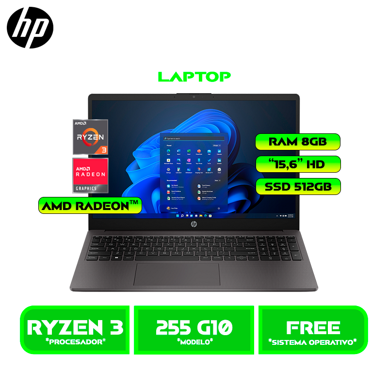 LAPTOP HP 255 G10, AMD RYZEN 3 7320U, 8GB, 256GB SSD P. 15.6" LED, FREEDOS (A9BS1LT)