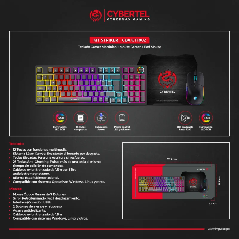 KIT TECLADO MECANICO+MOUSE GAMER+PAD GAMER CYBERTEL STRIKER CBX GT1802B USB CABLEADO BLACK