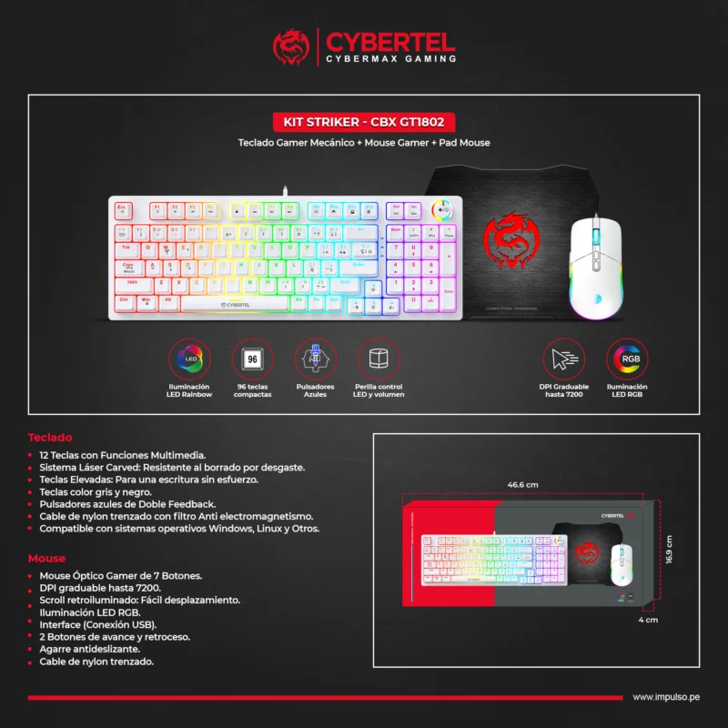 KIT TECLADO MECANICO+MOUSE GAMER+PAD GAMER CYBERTEL STRIKER CBX GT1802W USB CABLEADO WHITE