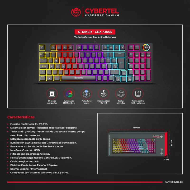 TECLADO CYBERTEL STRIKER CBX K1005 RAINBOW GAMING MECANICO 96KEYS USB