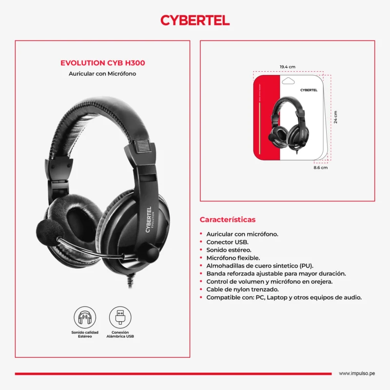 AUDIFONO C/MICROFONO CYBERTEL EVOLUTION CYB H300 USB CABLE NYLON