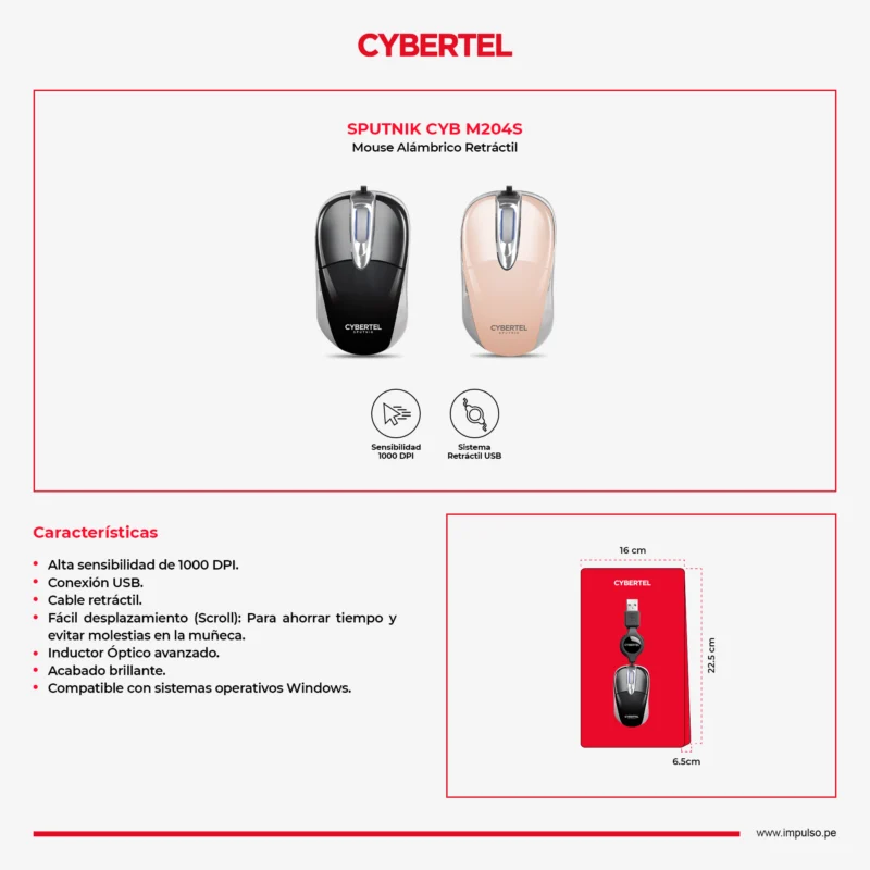 MOUSE CYBERTEL SPUTNIK BLACK CYB M204S USB RETRACTIL