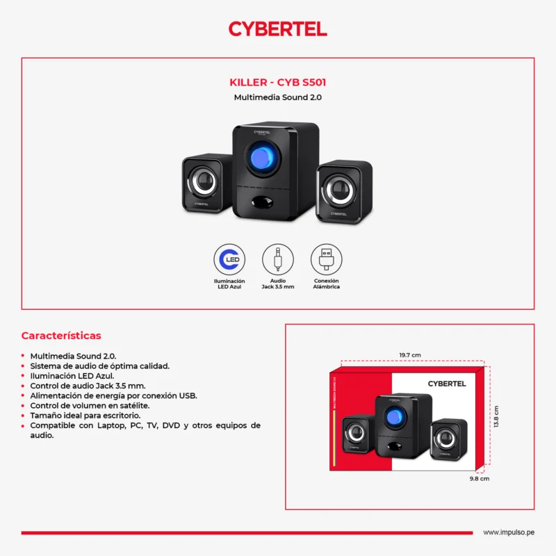 PARLANTE CYBERTEL KILLER CYB S501 2.1 LED AZUL, MULTIMEDIA USB BLACK