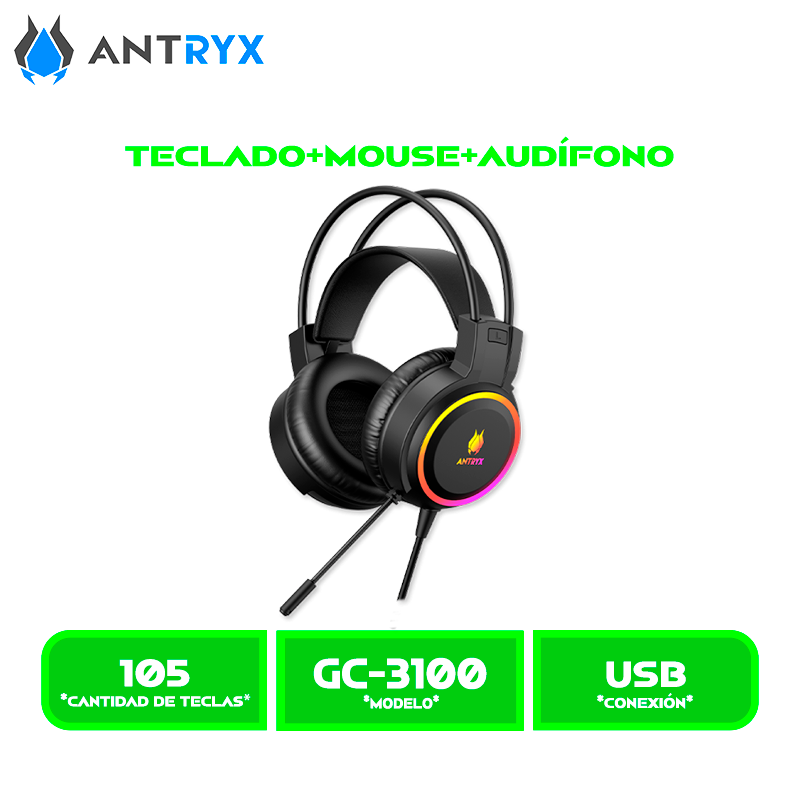 KIT GAMING AUDIFONO+TECLADO+MOUSE ANTRYX GC-3100 X3 BLACK, BLUE SWITCH (AGC-3100X3KBL-SP)