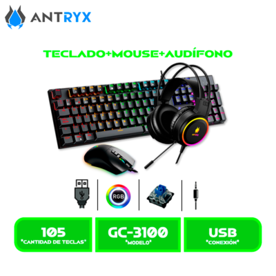 KIT GAMING AUDIFONO+TECLADO+MOUSE ANTRYX GC-3100 X3 BLACK, BLUE SWITCH (AGC-3100X3KBL-SP)