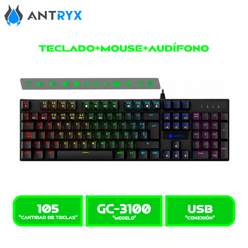 KIT GAMING AUDIFONO+TECLADO+MOUSE ANTRYX GC-3100 X3 BLACK, RED SWITCH (AGC-3100X3KRE-SP)
