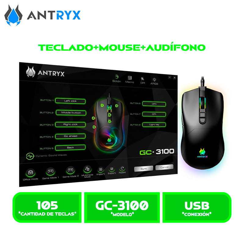 KIT GAMING AUDIFONO+TECLADO+MOUSE ANTRYX GC-3100 X3 BLACK, RED SWITCH (AGC-3100X3KRE-SP)