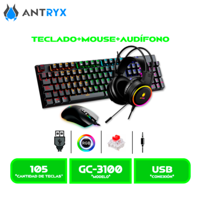 KIT GAMING AUDIFONO+TECLADO+MOUSE ANTRYX GC-3100 X3 BLACK, RED SWITCH (AGC-3100X3KRE-SP)